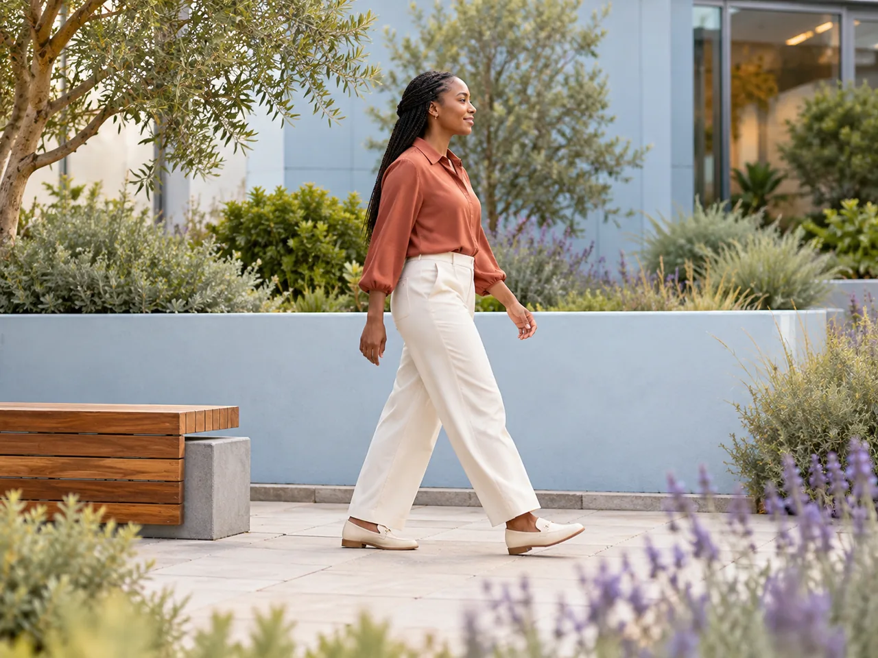 A woman taking a short walk through an office courtyard
