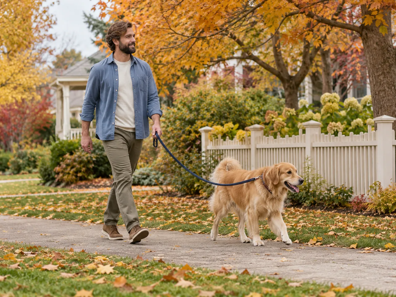 A man walks a dog through a neighborhood green space in soft autumn light