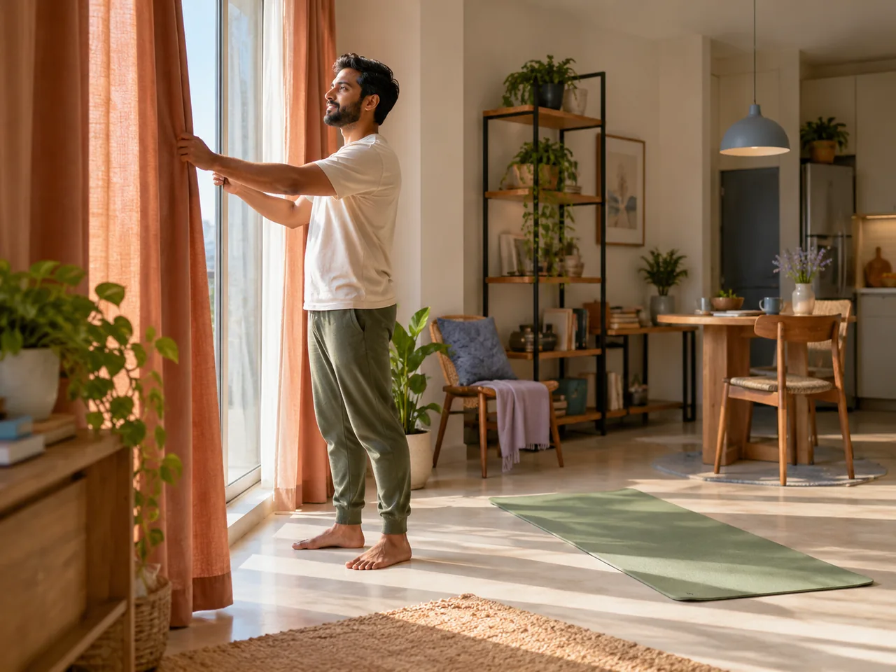 A man opens curtains beside an empty exercise mat in a compact studio apartment