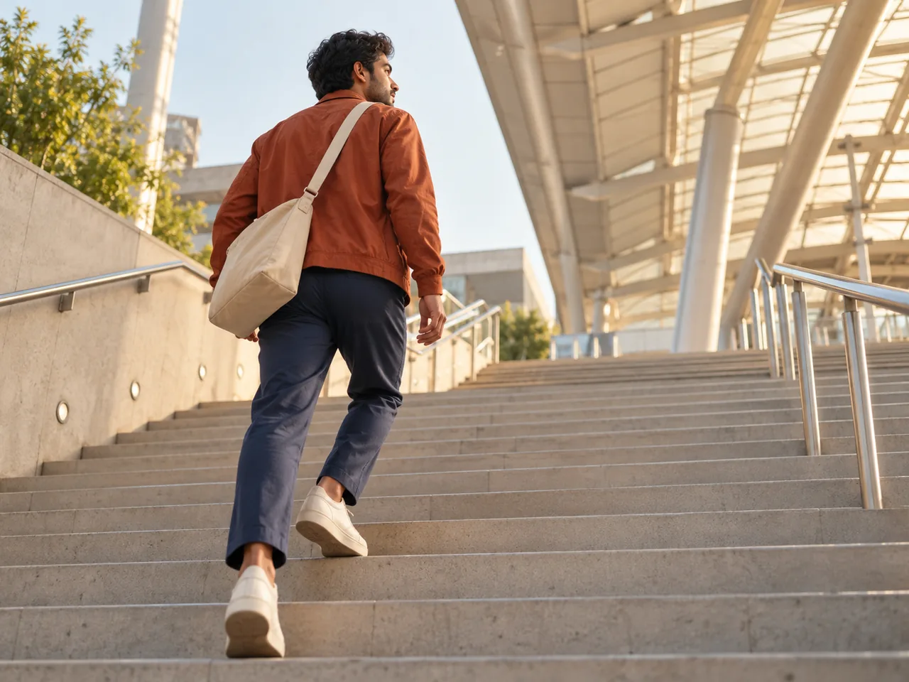 A man in a rust-colored jacket walking up broad outdoor station steps.