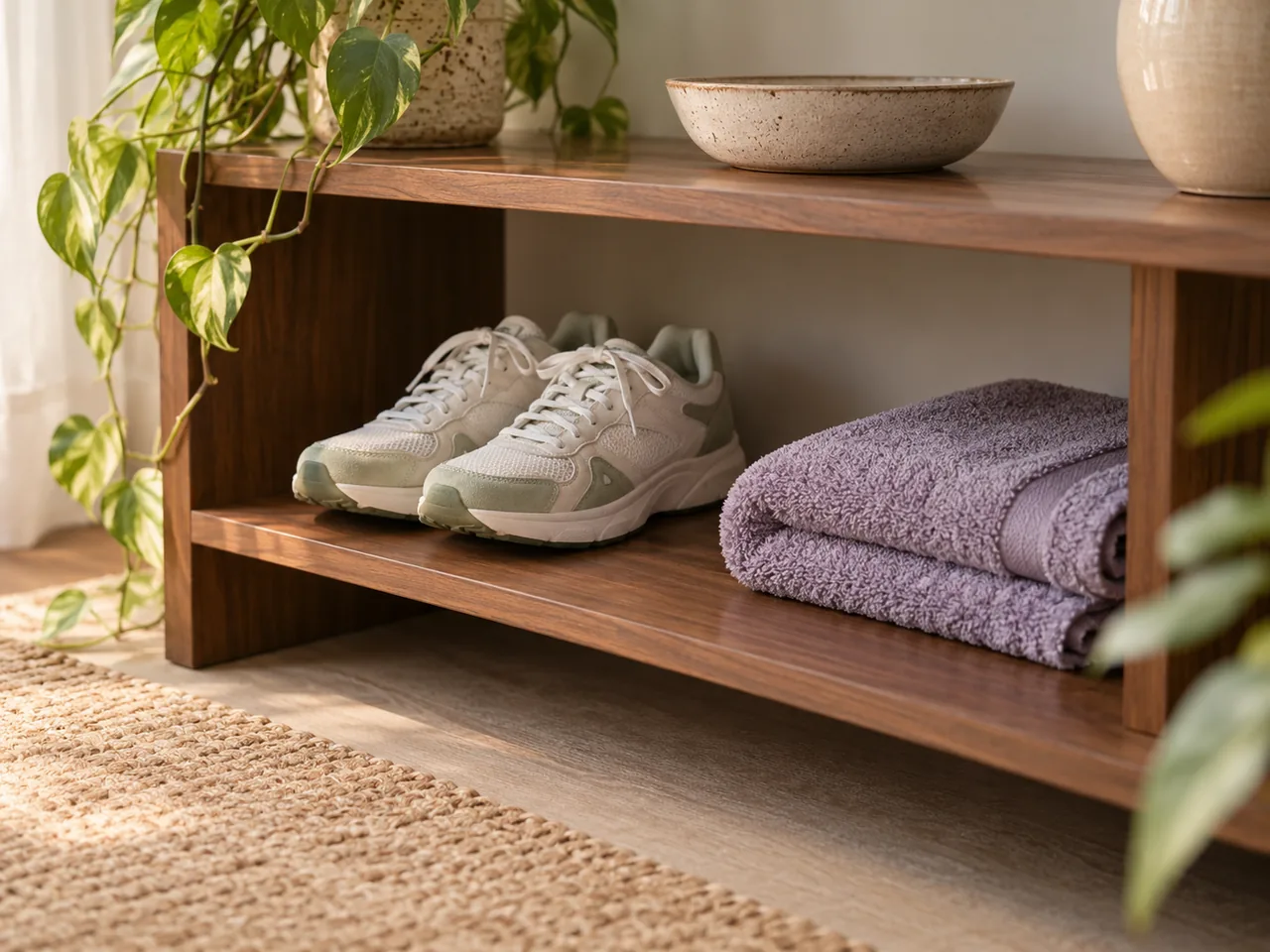 Clean training shoes and a folded towel stored on a low wooden shelf.
