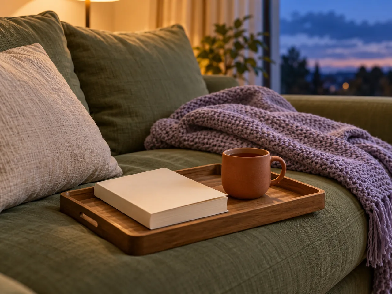 A paperback, mug and knitted blanket on a quiet evening sofa