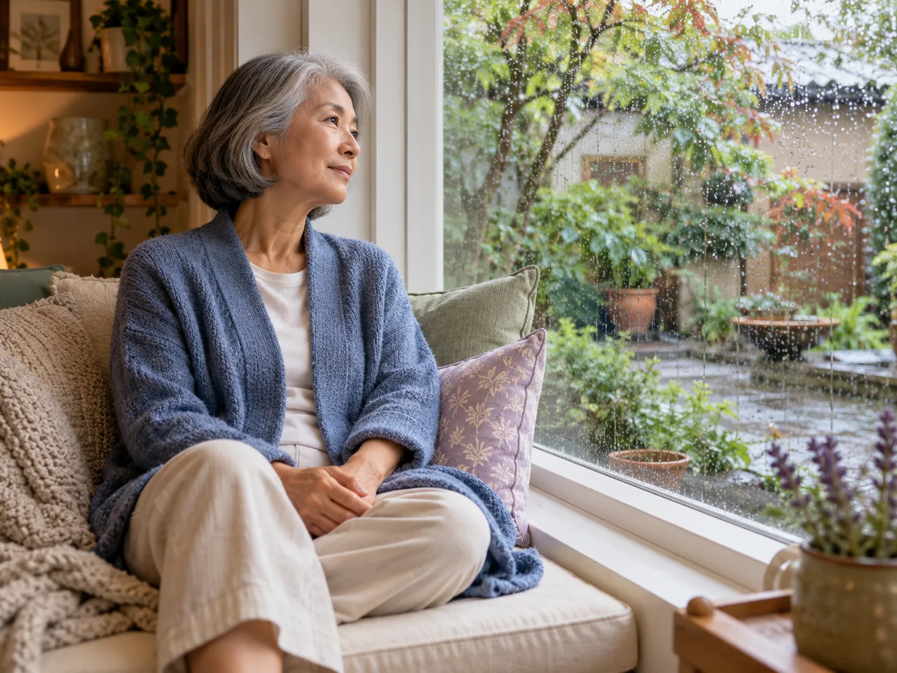 An older woman sitting by a rain-speckled window and looking into a garden.