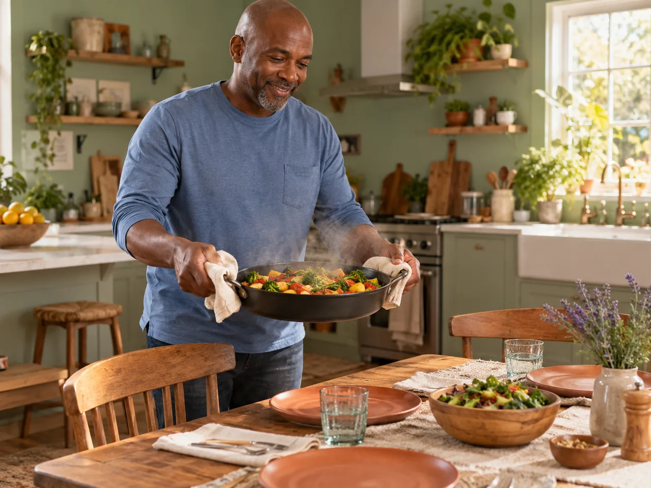 A cook carries a steaming pan of mixed vegetables toward an everyday family table