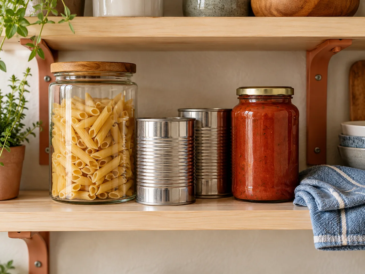 Pasta, plain food cans and a jar of tomato sauce on a pantry shelf.