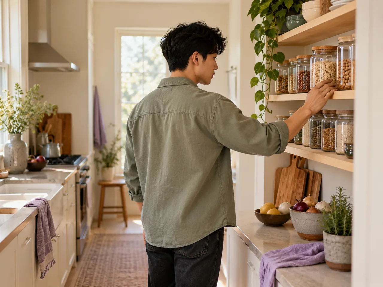A man checking jars in his kitchen pantry before shopping.