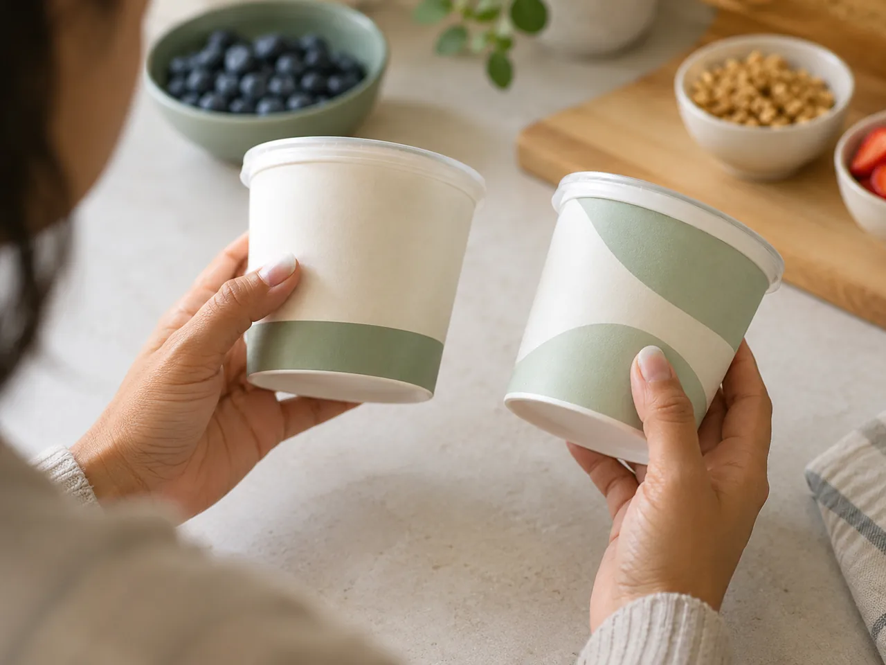 Hands comparing two plain yogurt containers at a kitchen counter.