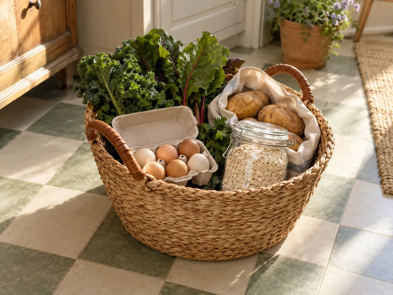 A grocery basket of potatoes, eggs, leafy vegetables and plain oats on a tiled floor