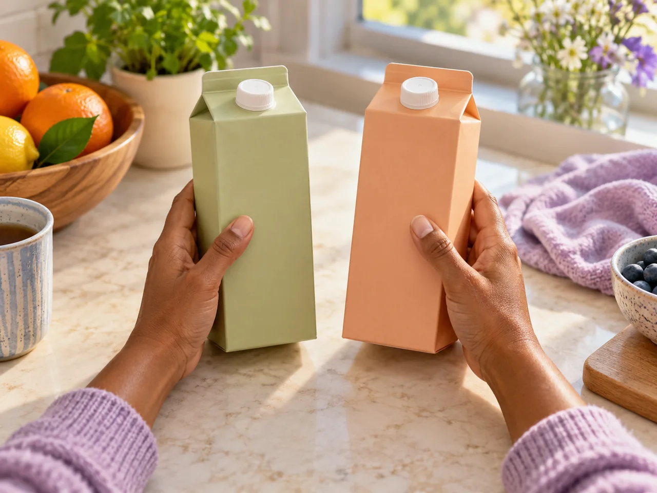 Hands comparing two plain drink cartons on a kitchen counter
