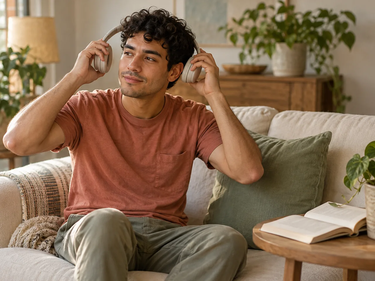 A young man lifting headphones away from his ears while seated on a sofa.