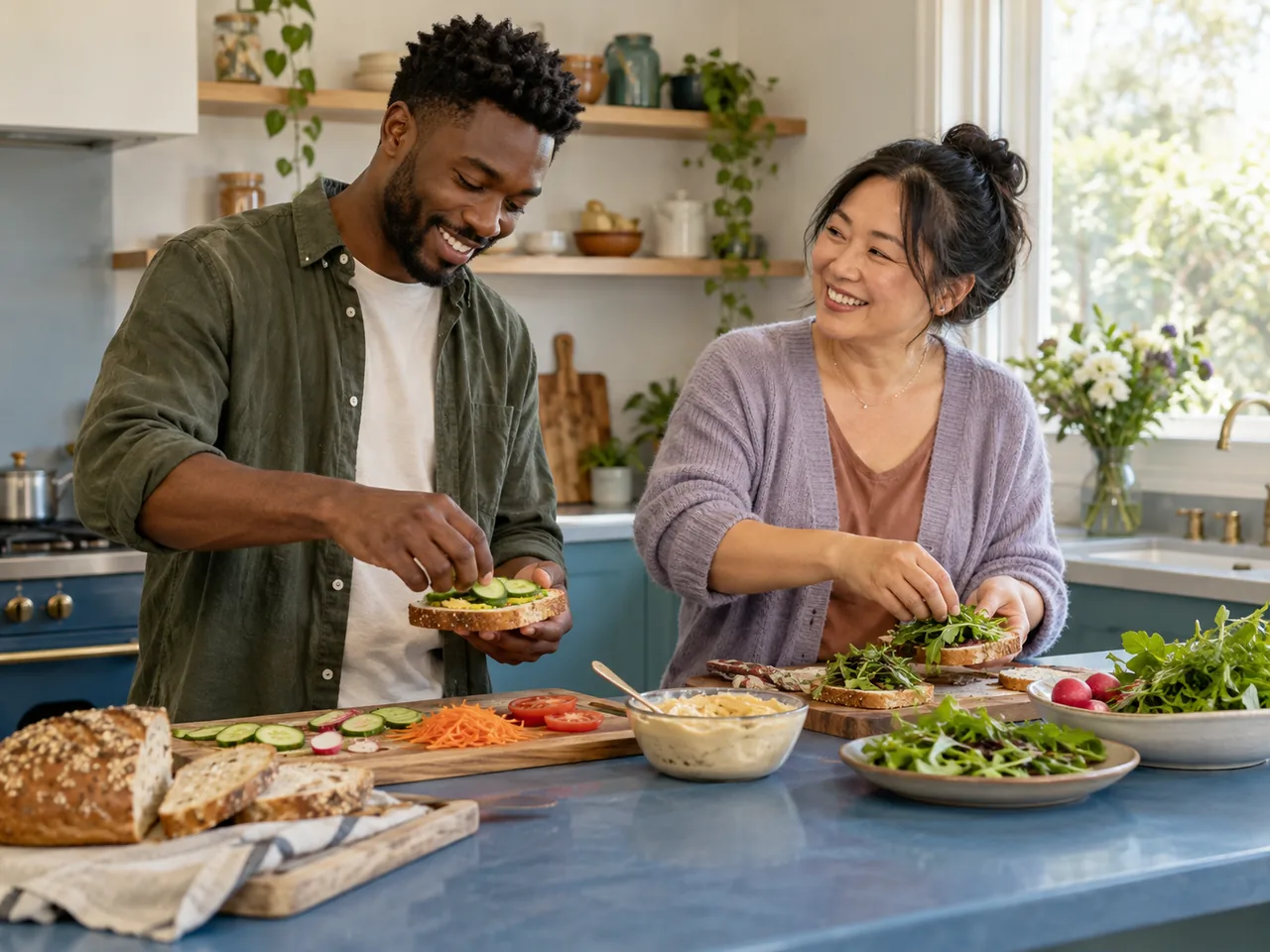 Two friends preparing vegetable sandwiches together in a bright kitchen.