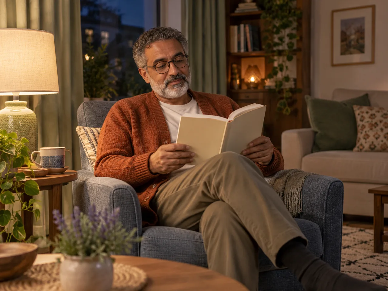 A man reading a book in a softly lit living room at night
